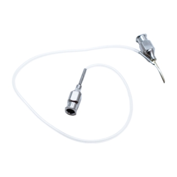 Simcoe Double-Barreled I/A Unit, 23ga, Thin Wall, Aspirating, Through .3mm Top Port, Silicone Tubing, Irrigating Through Side Opening Through Main Hub, Curved Shaft, Polished Finish, Excluding Hub Overall Length 5/8" (15mm) 1162324,May-82,K7-4300,91-7055,E4971